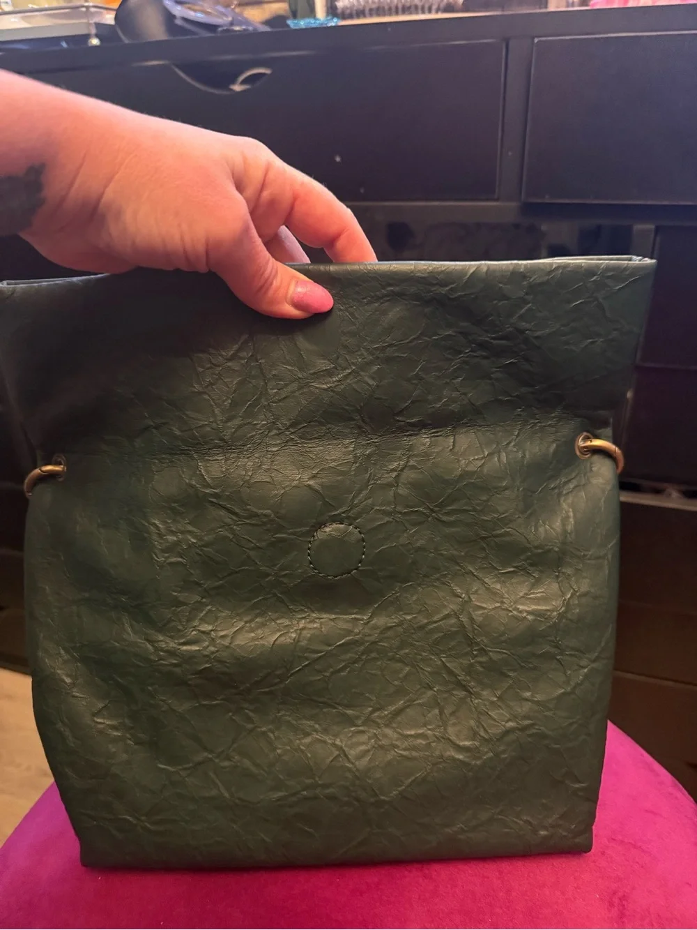 Anthropologie Dark Green Fold-Over Crossbody with Gold Chain Strap - Picture 9 of 11